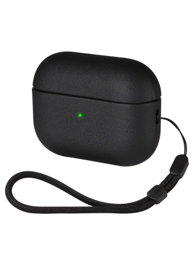 Case AirPods Pro 3, Leather Texture Cover Compatible with Airpods Pro 3rd Generation(2025) Full Drop Protective case with Lanyard, Supports Wireless Charging, Front LED Visible (Black) - Image 1